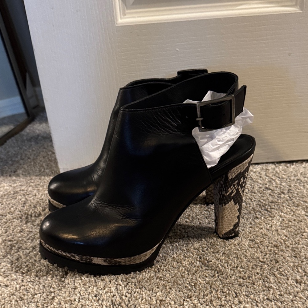 All Saints Black Leather Boots with Snake Print Heel